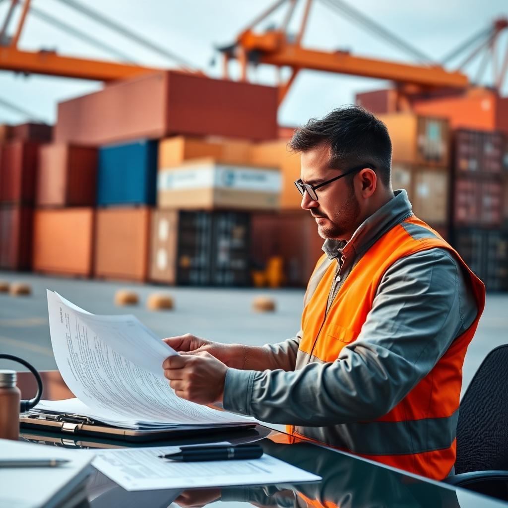 Customs broker reviewing shipping documents at a container terminal