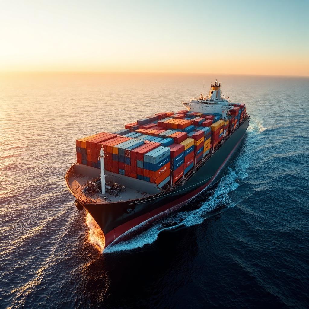 Container ship sailing on the ocean at sunset