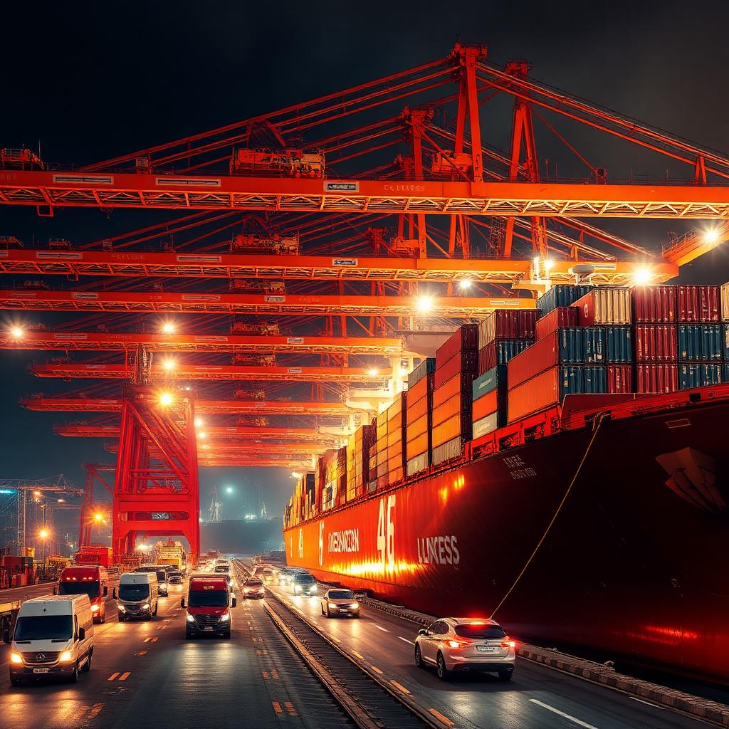Port terminal loading shipping containers onto a vessel