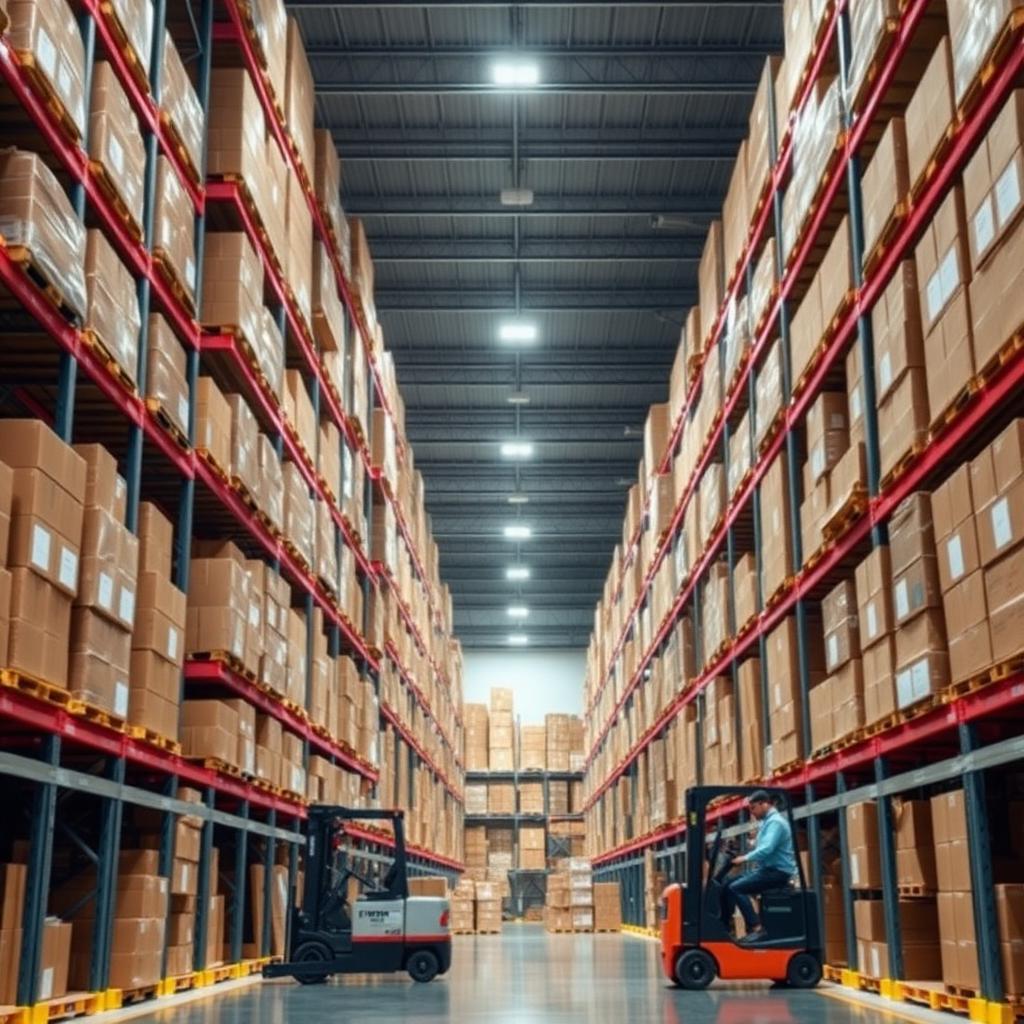 Modern warehouse with tall shelves and forklifts